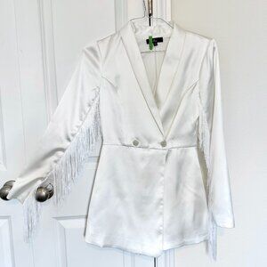 White Satin Long Sleeve Blazer Romper with Custom Fringe Sleeves - Size Small
